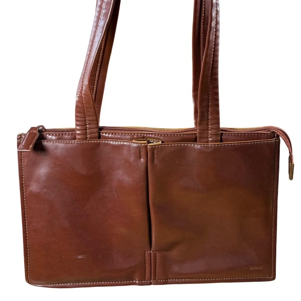Mondani vintage Brown Faux Leather Structured Shoulder Bag Tote Zip Top Pocketed